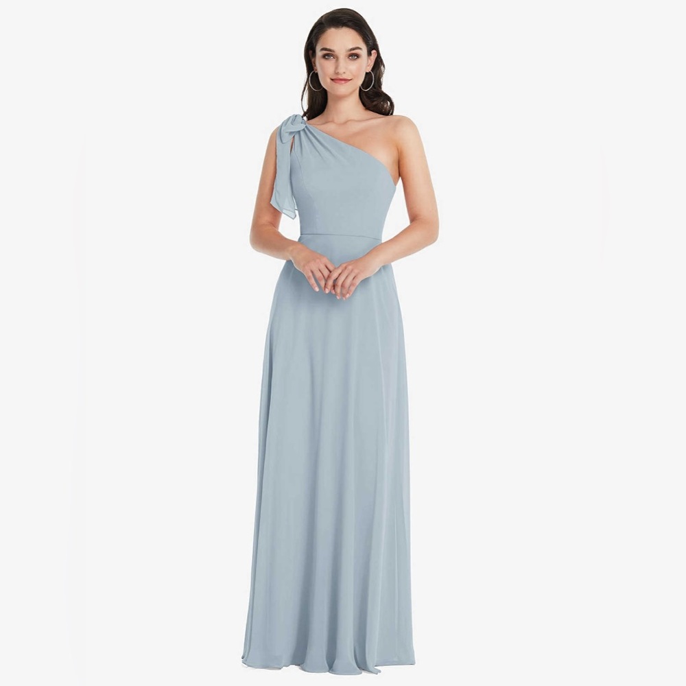 NWOT After Six Draped One Shoulder Maxi Dress with Scarf Bow in Blue Mist